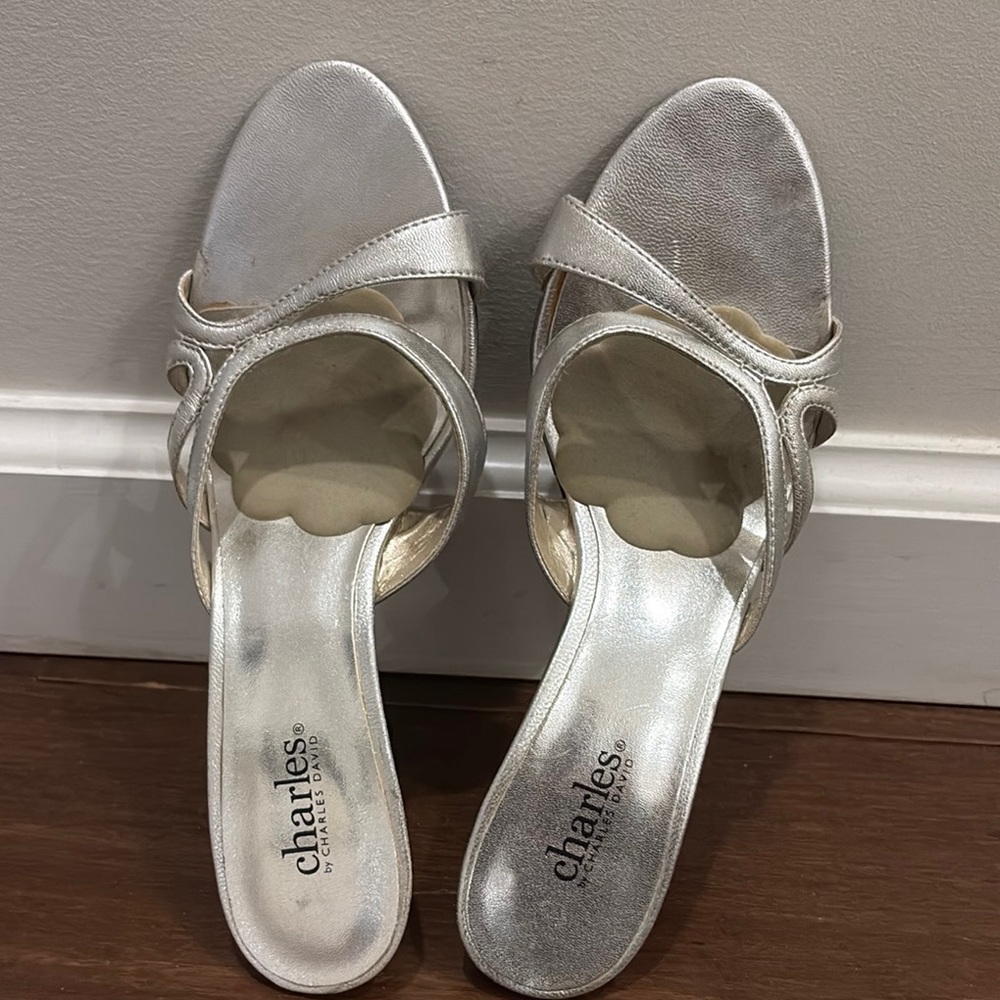 Charles by Charles David Silver Mules with Metallic Finish